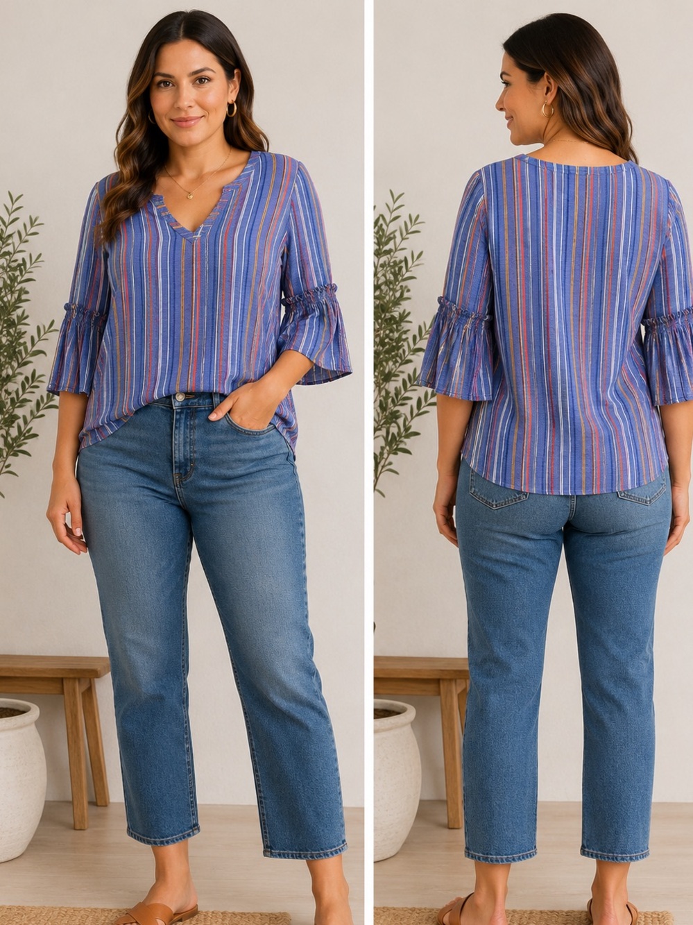Katherine Barclay Blue Multi-Striped V-Neck bell sleeves Blouse L